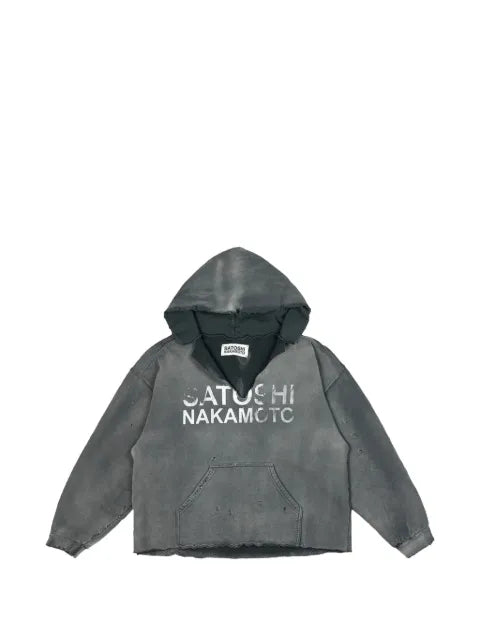 SATOSHI NAKAMOTO distressed V-cut hoodie