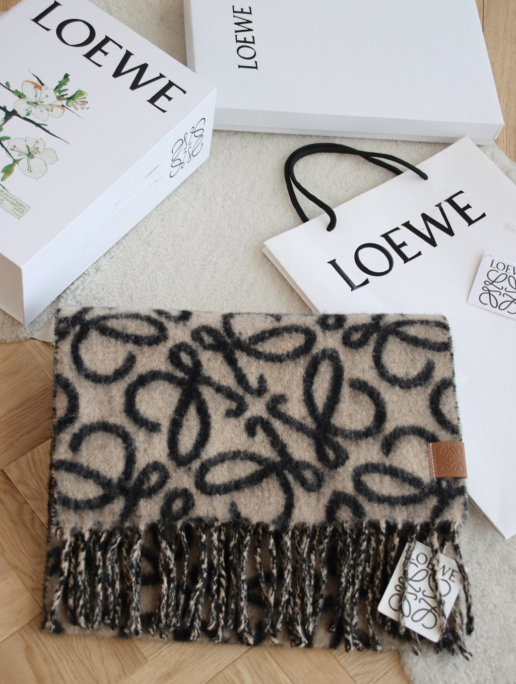 Loewe Black & Tan Motif Fringe Scarf