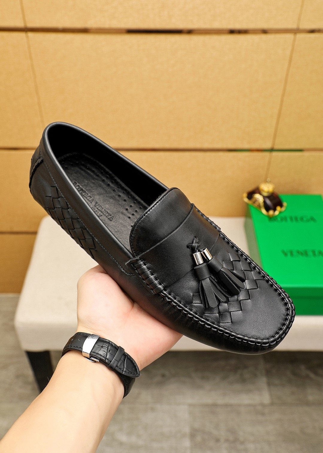 Bottega Veneta Black Tassel Woven Loafers